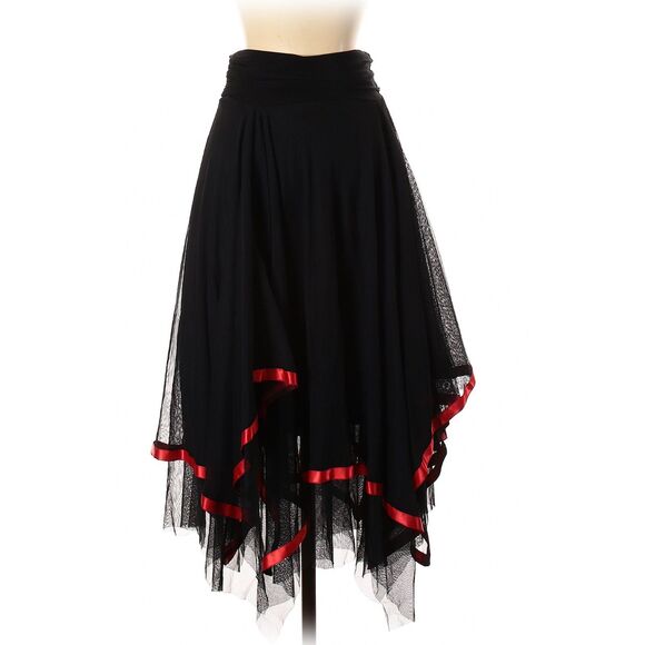 PRADA Vintage Midi Skirt Mesh Handkerchief Hem Pull On Skirt Black Red Sz S - Picture 3 of 7